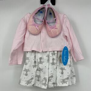Bon Bebe 3 piece Cat Dress set Pink Cardigan Pink Shoes NEW Size 12 months